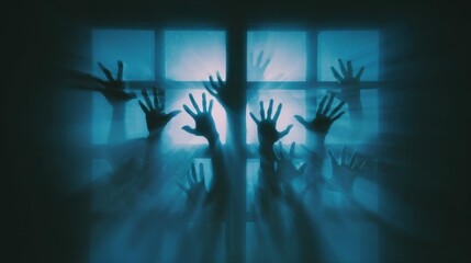 Multiple shadow hands reaching, pressed against a translucent blue screen, creating a surreal horror scene.