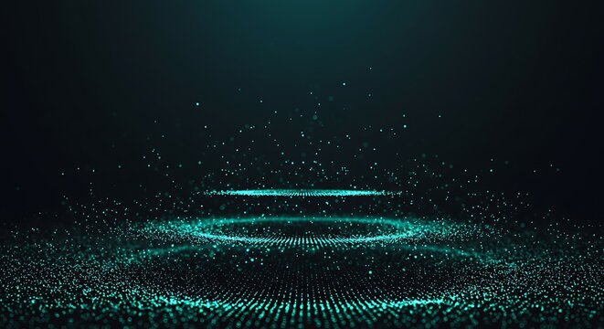 Futuristic wave of glowing cyan particles on a black background. Abstract concept of energy, sound waves, or a quantum field in motion