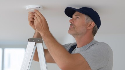 Mature man on a ladder installing or checking a white smoke or carbon monoxide detector on a ceiling.
