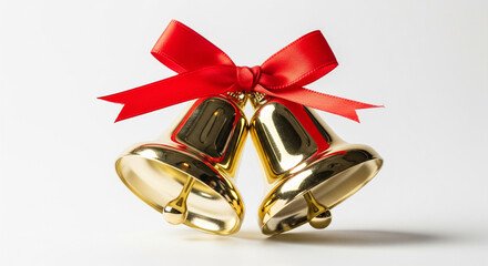Golden Christmas Bells with Red Ribbon Isolated on White Background