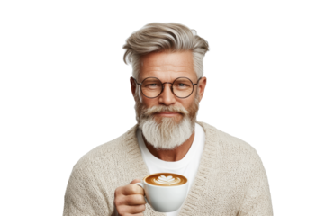 Man Drinking Coffee with a Content Smile on Transparent Background