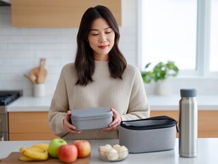 Smiling young Asian woman preparing a healthy, segmented lunch, highlighting wellness, meal prep, and nutrition.