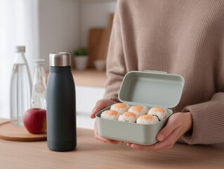 Horizontal shot of a hand preparing a healthy bento or meal to-go, highlighting fresh food and wellness.