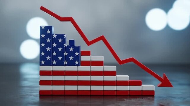 United States economy in decline with a red arrow pointing down on a bar graph with the American flag
