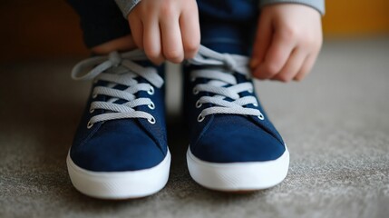 Kid securing a knot on a canvas shoe, symbolizing independence, learning, and skill development.