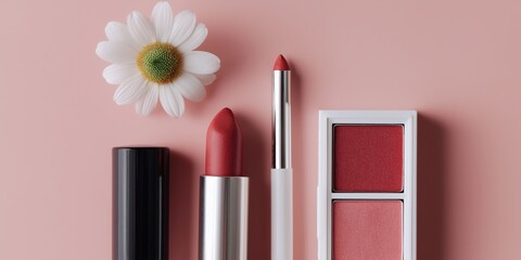Flat lay beauty shot featuring classic makeup products