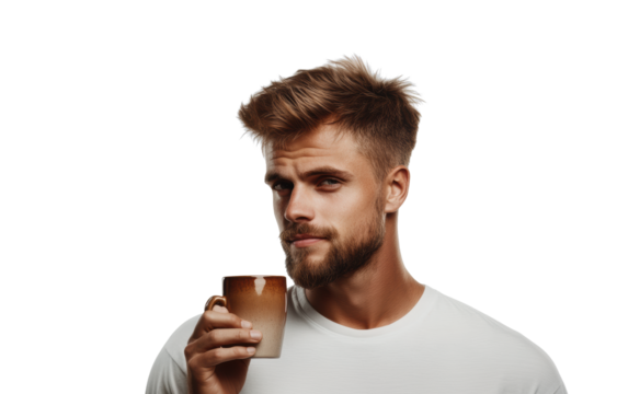 Male Drinking Beverage Holding Mug on Transparent Background