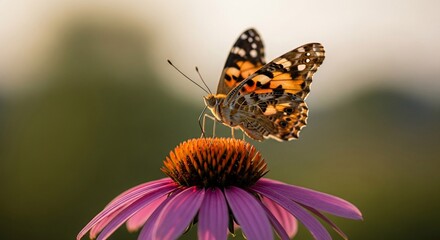 Obraz premium A vibrant orange, black, and white butterfly delicately perched atop a vibrant purple coneflower, bathed in soft, golden sunlight against a blurred green and beige background