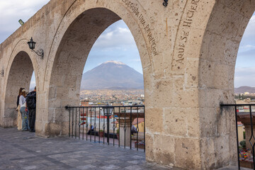 Photographs of the Yanahuara viewpoint in Arequipa, and its streets in the White City of Peru, panoramic view of the Misti and Chachani volcanoes