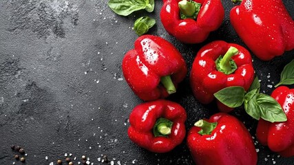 A vibrant display of fresh red bell peppers, meticulously arranged on a dark, textured surface. Each pepper glistens with delicate water droplets, highlighting their crisp, healthy texture. Lush green - Powered by Adobe