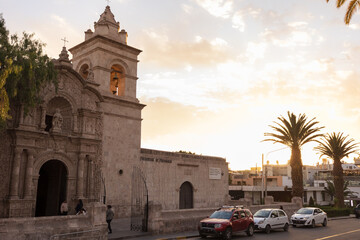 Photographs of the Yanahuara viewpoint in Arequipa, and its streets in the White City of Peru, panoramic view of the Misti and Chachani volcanoes