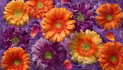 Vibrant gerbera daisies float atop rippling water in shades of orange, purple, and yellow