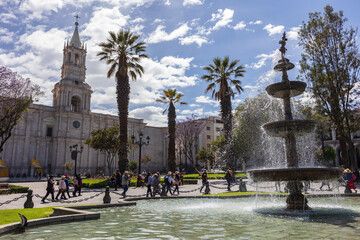 Photographs and postcards of the Plaza de Armas in Arequipa, the White City of Peru, a vacation destination with stunning views of volcanoes and the Andean snow-capped peaks