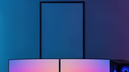 Atmospheric dual monitor setup with vibrant neon lighting and a blank vertical frame for custom design mockup - Powered by Adobe