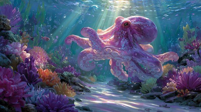 A vibrant underwater scene featuring a large octopus surrounded by colorful coral reefs