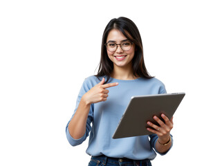 Naklejka premium Young Woman with Tablet Smiling and Pointing at Screen