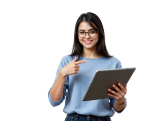 Young Woman with Tablet Smiling and Pointing at Screen