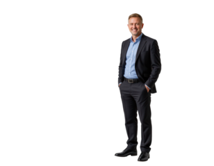 Confident Businessman in Suit Standing with Hands in Pockets