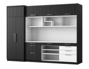 Modern sleek black and white cabinet with multiple storage options
