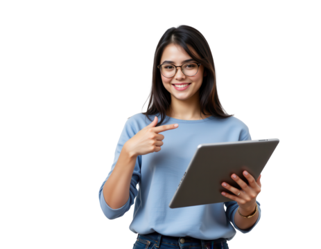 Young Woman with Tablet Smiling and Pointing at Screen