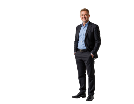 Confident Businessman in Suit Standing with Hands in Pockets