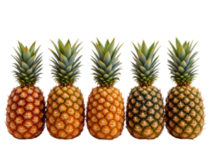 Fresh Pineapples in Various Stages of Ripeness and Color