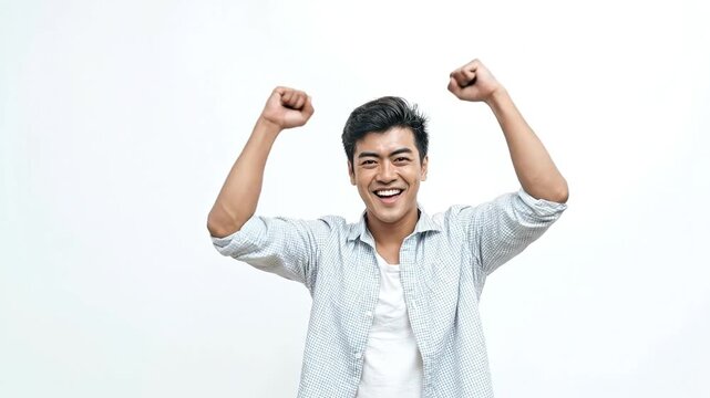 A vibrant young adult male radiates pure joy and excitement, raising both fists in the air in a clear gesture of triumph and celebration against a clean white background. His infectious, wide smile an