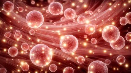 Abstract depiction of cells or molecules with vibrant light and blurred strands