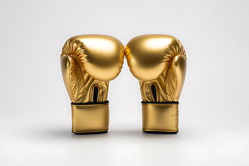 A pair of shiny gold boxing gloves positioned symmetrically against a neutral background, symbolizing competition and sportsmanship