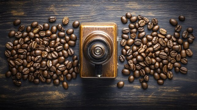 Roasted Coffee Beans with Antique Grinder on Wood