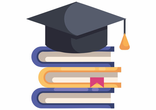 Illustration depicting a stack of books with a graduation cap on top, representing education.
