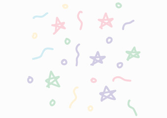 Pastel stars, circles, and ribbons scattered on a white background, creating a festive and playful design.
