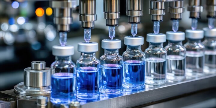 Automated machine filling glass vials with blue liquid, part of a pharmaceutical manufacturing process