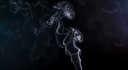 A single, graceful stream of smoke from an incense stick creates beautiful, soft patterns in the air. A minimalist and artistic shot on a black canvas
