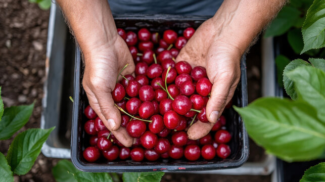 A pair of hands holding a basket overflowing with fresh, glossy cherries against a backdrop of lush green plants, capturing the essence of harvest and natural bounty in agriculture.
