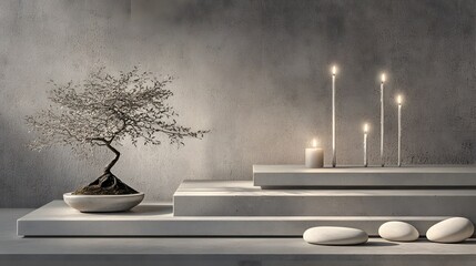 Peaceful zen garden scene with bonsai tree and candles
