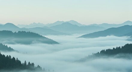A majestic sea of clouds and fog flowing through a remote mountain valley at sunrise. Silhouettes of fir trees emerge from the mist. Mystical nature