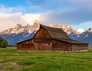 Rustic barn nestled in a valley, majestic mountains in the background