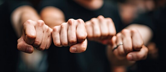 Close-up of three fists, bunched tightly together, a gesture of solidarity or strength