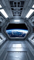 Interior spacecraft perspective with a clear view of planet Earth