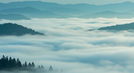 Atmospheric perspective creating layers of blue mountain silhouettes disappearing into a thick morning fog. A vast, moody, and mystical landscape view