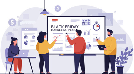 Business team analyzing marketing strategies for a successful Black Friday campaign in a modern