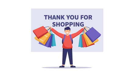 Cheerful young person holding multiple shopping bags with a thank you message for shopping