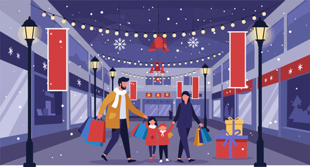 families enjoying festive shopping experience in decorated winter market with holiday lights and