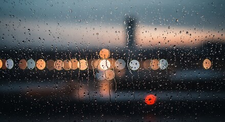 Rain on a window with out-of-focus city traffic lights in the background. Close-up of water droplets on glass, perfect for moody backgrounds