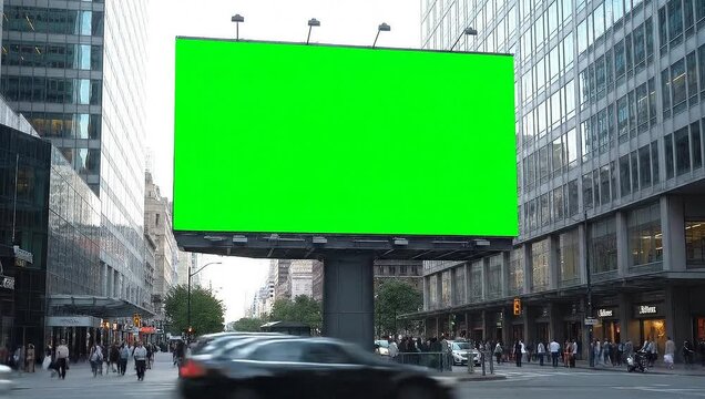 Green screen billboard for advertising purposes on a busy road. Chroma key