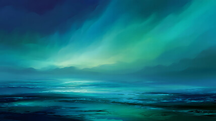 Obraz premium Dramatic abstract illustration of a turbulent ocean surface under a sky filled with sweeping strokes of deep teal, blue, and emerald green, resembling the Northern Lights.