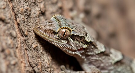 Naklejka premium Close-up of a small gecko clinging to tree bark, its mottled grey and brown skin camouflaging it against the textured wood. 