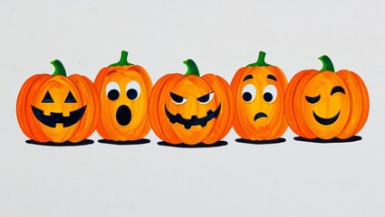 Halloween pumpkins expressing diverse emotions including happiness, surprise, anger, sadness, and winking, creating a playful line of cartoon jack o' lantern characters on a white background
