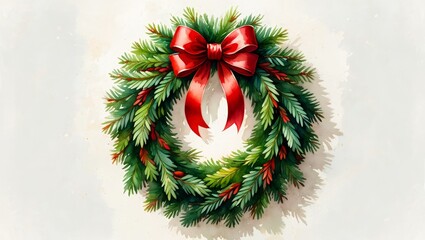 Christmas wreath illustrating holiday spirit with vibrant green fir branches and a bright red bow, symbolizing festive celebrations and winter greetings